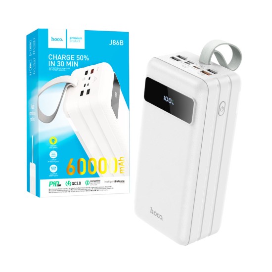 Banco de Potencia Hoco J86b Electric con Pantalla Led y 3 Entradas (iPhone+Micro+Tipo-C) 22.5W 60000mAh Blanco